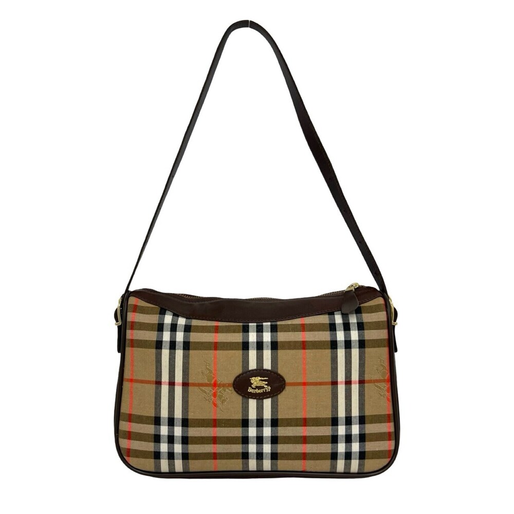 Burberrys Vintage Nova Check Canvas Shadow Horse Logo Leather Semi-Shoulder B...